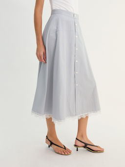 Pomelo - Lace Trim Button Detail Midi Skirt - Grey