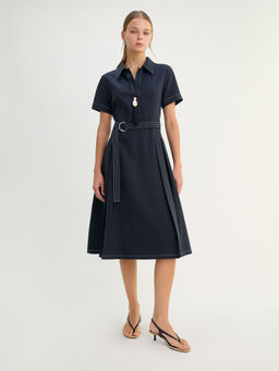 Pomelo - Contrast Collar Belted Midi Dress - Navy Blue
