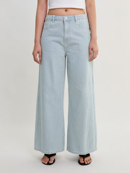 Pomelo - Ribbed Wide Leg Jeans - Blue