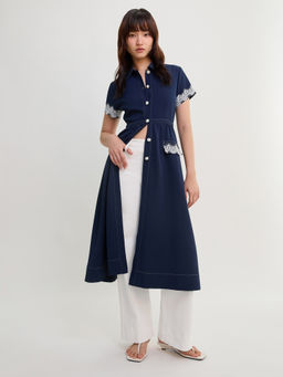 Pomelo - Lace Trim Collar Midi Dress - Navy Blue