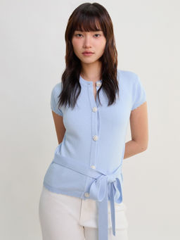 Pomelo - Scallop Trim Belted Wrap Cardigan - Baby Blue
