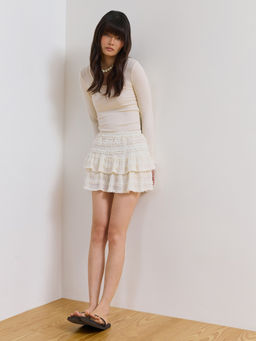 Pomelo - Tiered Lace Ruffle Mini Skirt - Ivory