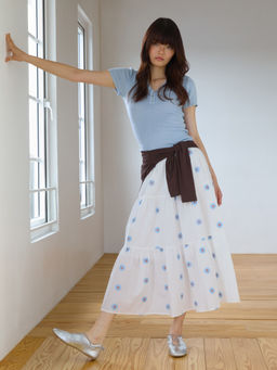 Pomelo - Daisy Embroidered Tiered Midi Skirt - White