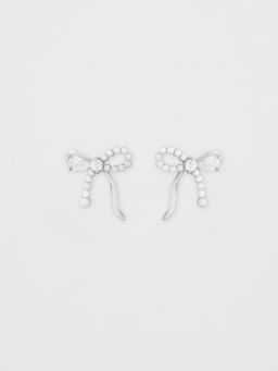 Pomelo - Pearl Bow Stud Earrings - Metallic Silver