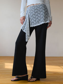 Pomelo - Lace Overlay Flare Pants - Black