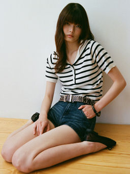 Pomelo - Striped Sailor Collar Knit Top - White