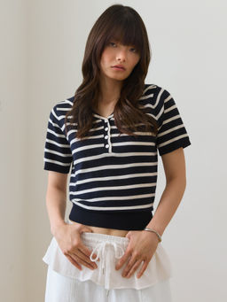 Pomelo - Striped Sailor Collar Knit Top - Navy Blue