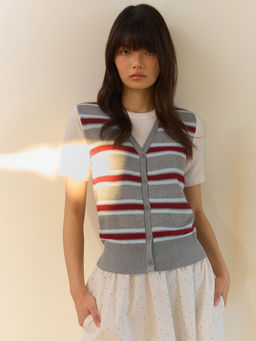 Pomelo - Striped Knit Vest Top - Light Grey