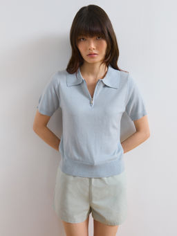 Pomelo - Zip Collar Knit Polo Top - Baby Blue