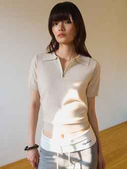 Pomelo - Zip Collar Knit Polo Top - Beige