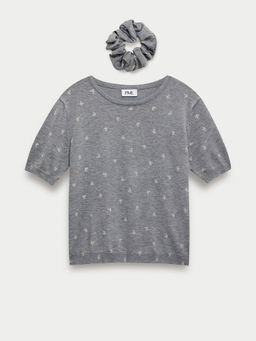 Pomelo - Short Sleeve Knit Top with Scrunchie - Light Grey