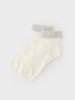 Pomelo - Fold-over Trim Bow Detail Ankle Socks - Off White