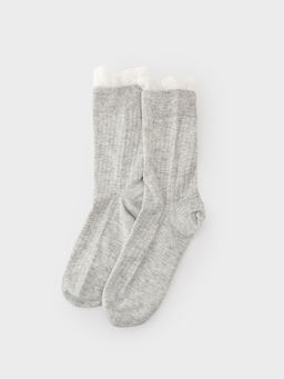 Pomelo - Lace Trim Ruched Ribbed Crew Socks - Grey