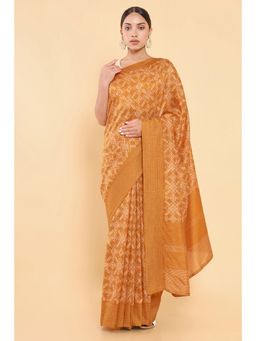 Soch - Women Mustard Silk Printed Saree with Stitched Blouse