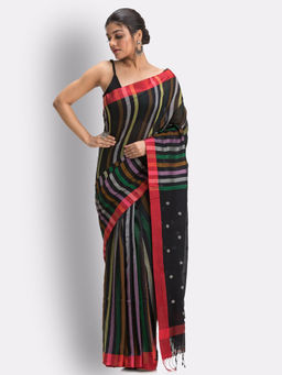 Angoshobha - Multi-Color Stripes Molmol Cotton Jamdani Saree with Unstitched Blouse