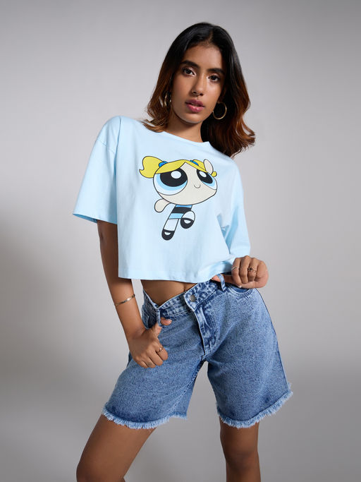 MIXT by Nykaa Fashion Light Blue Power Puff Girls Graphic Printed Short Sleeves Crop T-Shirt