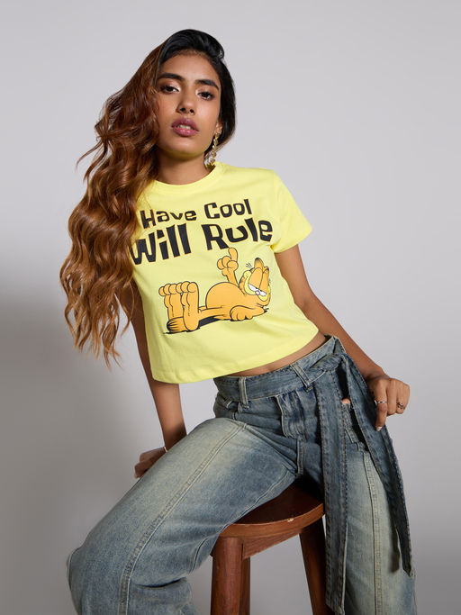 MIXT by Nykaa Fashion Mango Yellow Garfield Graphic Printed Short Sleeves Crop T-Shirt