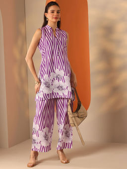 Libas - Cotton Purple Printed Straight Co-Ord (Set of 2)