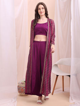Ahalyaa - Womens Purple Printed Blouse & Palazzo with Jacket (Set of 3)