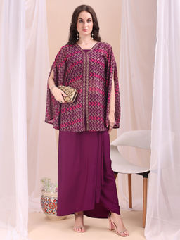 Ahalyaa - Womens Purple Printed Blouse & Tunic with Skirt (Set of 3)