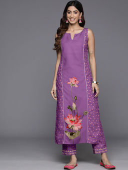 Ahalyaa - Womens Purple Floral Printed Kurta & Pant (Set of 2)