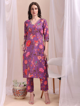 Ahalyaa - Womens Purple Floral Printed Kurta & Pant (Set of 2)