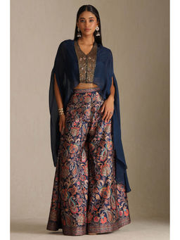 Soch - Womens Navy Blue Viscose Solid Top & Palazzo with Jacket (Set of 3)