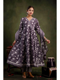 Mokshi - Purple Cotton Floral Angarkha And Pant With Dupatta (Set of 3)
