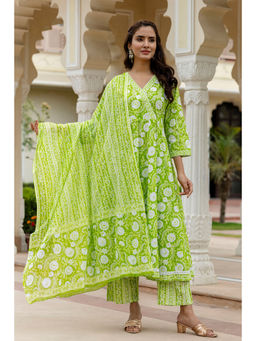 Mokshi - Green Cotton Floral Angarkha And Pant With Dupatta (Set of 3)