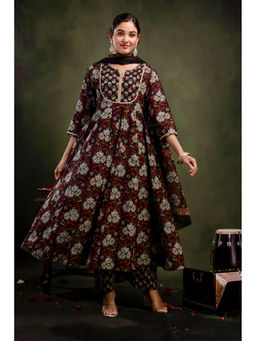 Mokshi - Black Cotton Floral Anarkali And Pant With Dupatta (Set of 3)