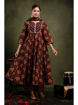 Mokshi - Navy Blue Cotton Floral Anarkali And Pant With Dupatta (Set of 3)
