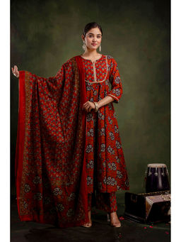 Mokshi - Red Cotton Floral Anarkali And Pant With Dupatta (Set of 3)