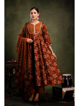 Mokshi - Orange Cotton Floral Anarkali And Pant With Dupatta (Set of 3)