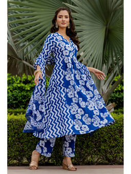 Mokshi - Blue Cotton Floral Anarkali & Pant With Dupatta (Set of 3)