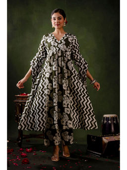 Mokshi - Olive Cotton Floral Anarkali & Pant With Dupatta (Set of 3)