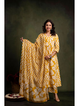 Mokshi - Yellow Cotton Floral Anarkali & Pant With Dupatta (Set of 3)