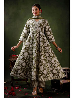 Mokshi - Olive Cotton Calf Floral Anarkali & Pant With Dupatta (Set of 3)