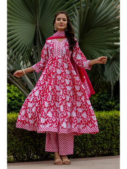 Mokshi - Pink Cotton Calf Floral Anarkali & Pant With Dupatta (Set of 3)