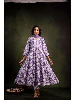 Mokshi - Purple Cotton Calf Floral Anarkali & Pant With Dupatta (Set of 3)