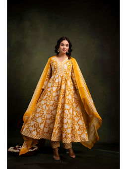 Mokshi - Yellow Cotton Calf Floral Anarkali & Pant With Dupatta (Set of 3)