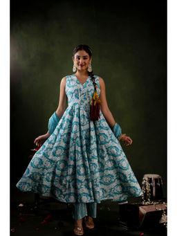 Mokshi - Blue Cotton Paisley Anarkali & Pant With Dupatta (Set of 3)