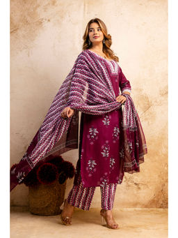 Mokshi - Purple Cotton Calf Floral Kurta & Pant With Dupatta (Set of 3)