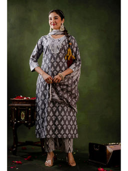 Mokshi - Grey Cotton Calf Floral Kurta & Pant With Dupatta (Set of 3)