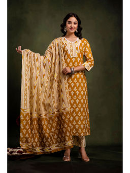 Mokshi - Mustard Cotton Calf Floral Kurta & Pant With Dupatta (Set of 3)
