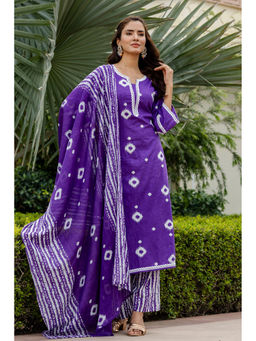 Mokshi - Purple Cotton Calf Kurta & Pant With Dupatta (Set of 3)