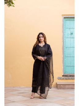 Nehamta - Womens Black Russian Silk Kurta, Pant And Dupatta (Set of 3)