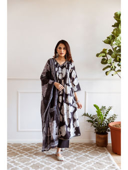 Nehamta - Womens Black Cotton Anarkali, Pant And Dupatta (Set of 3)