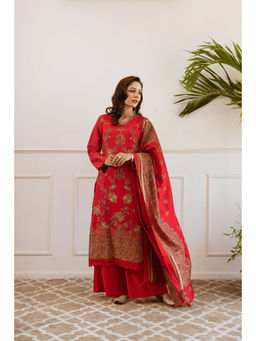 Nehamta - Womens Red Modal Muslin Kurta, Palazzo And Dupatta (Set of 3)