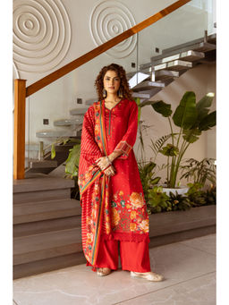 Nehamta - Womens Red Modal Muslin Kurta, Palazzo And Dupatta (Set of 3)