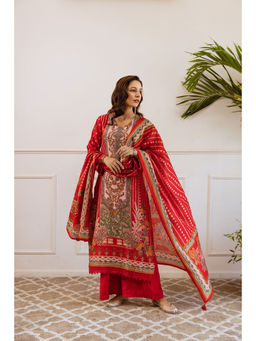 Nehamta - Womens Red Modal Muslin Kurta, Palazzo And Dupatta (Set of 3)
